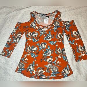 Floral Cold Shoulder Top - Orange and Blue